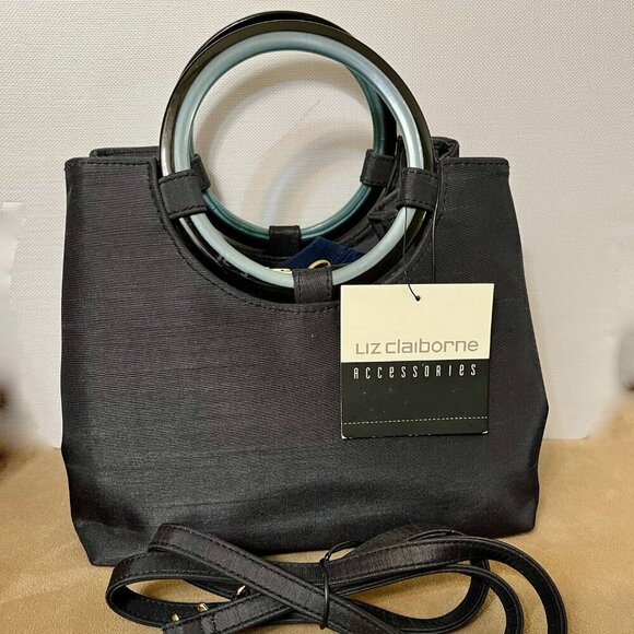 Liz Clayborne Black Shantung Satchel  Round Handles & Removable Crossbody Strap - Picture 1 of 8